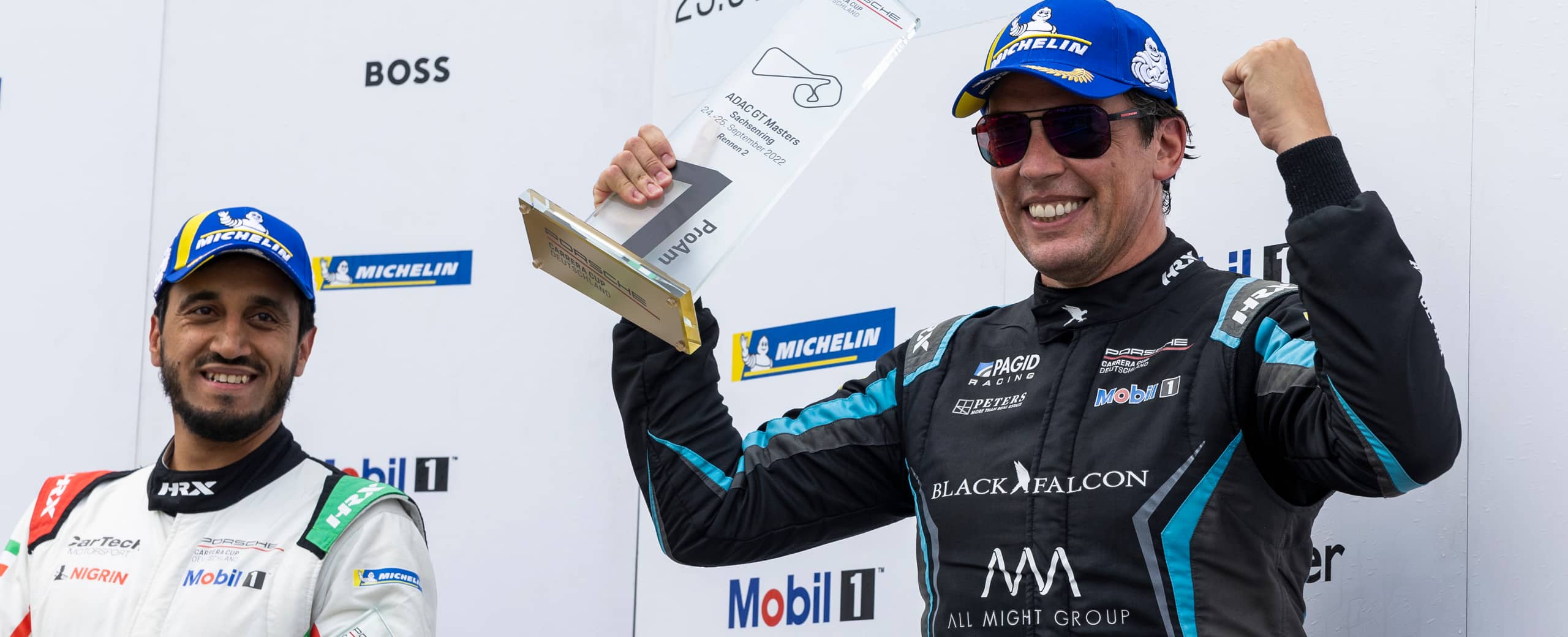Carlos Rivas on the Podium at Sachsenring after winning the Porsche Carrera Cup Deutschland PRO-AM Race with his Porsche 992 GT3 Cup  BLACK FALCON