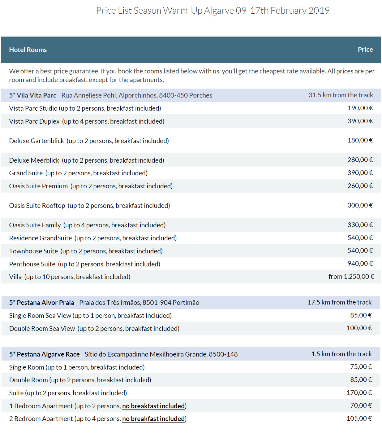 february price list hotels